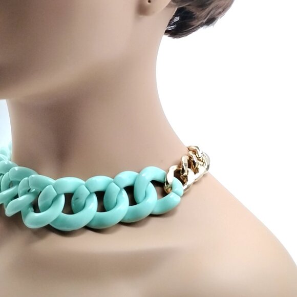 Mint Green Chunky Curb Link Gold Tone Statement Necklace - Picture 3 of 16